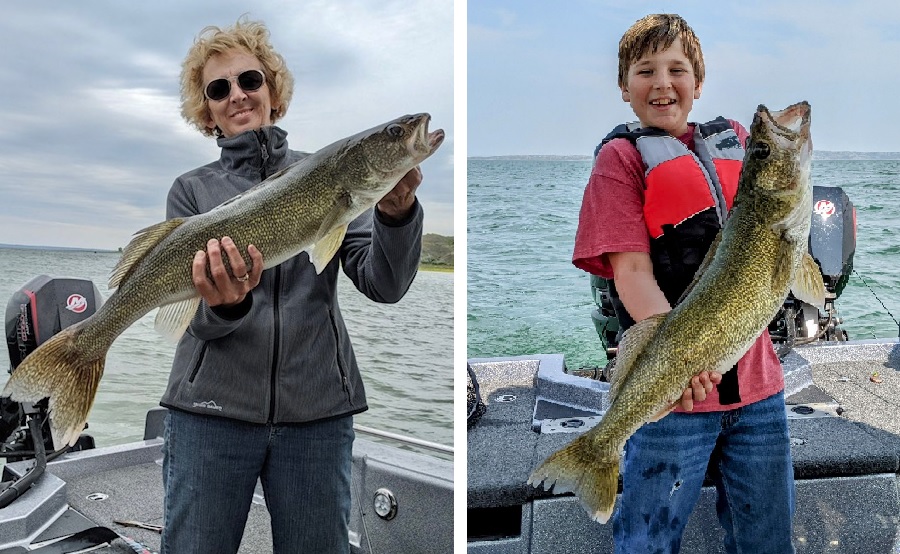 The grandson is fishing with his grandmother on the