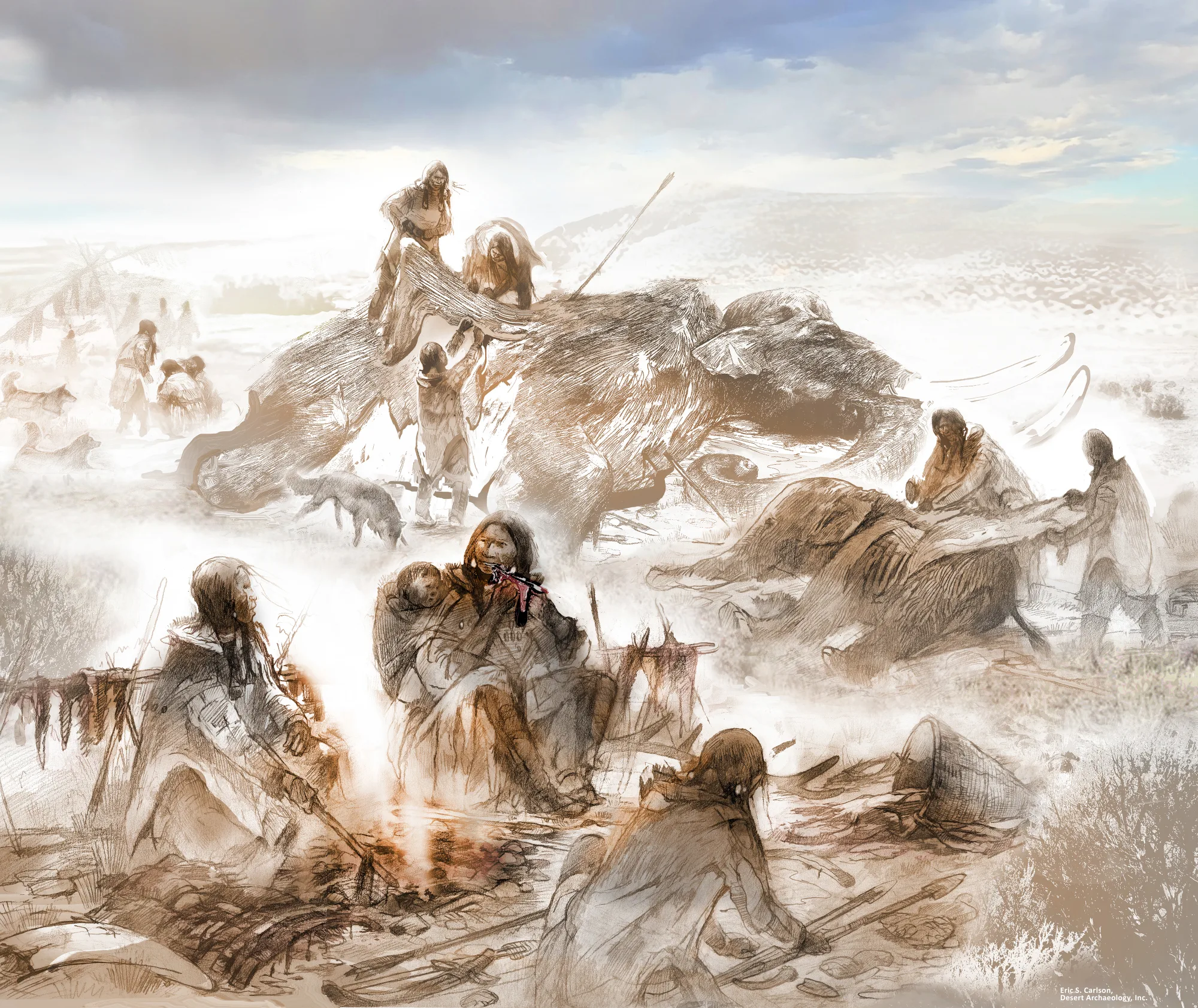 An artist’s reconstruction of Clovis life 13,000 years ago shows the Anzick-1 infant with his mother consuming mammoth meat near a hearth. Another individual crafts tools, including dart projectile points and atlatls. A mammoth butchery area is visible nearby. The scene is inspired by the La Prele mammoth site in Wyoming and set against the Montana landscape where the Anzick burial was discovered. Artist Eric Carlson created the scene in collaboration with archaeologists Ben Potter (UAF) and Jim Chatters (McMaster University).